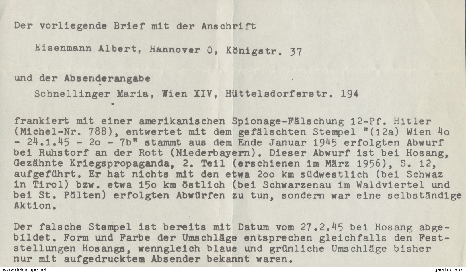 Br Kriegs- Und Propagandafälschungen: 1944, 12 Pfg. Hitler Mit Falschstempel "(12a) WIEN 7b 24.1.45" Au - Sonstige & Ohne Zuordnung