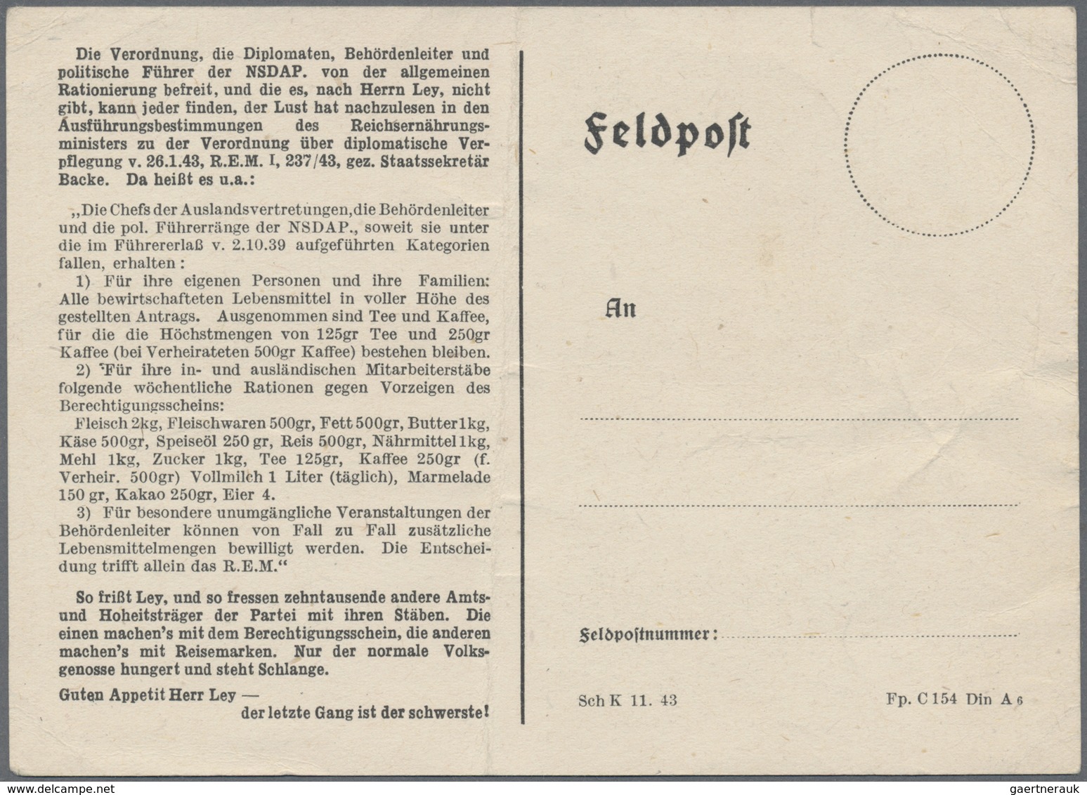 Br Kriegs- Und Propagandafälschungen: 1944, Propagandakarte "Dr. Robert Ley" Mit Geändertem Anschriften - Sonstige & Ohne Zuordnung