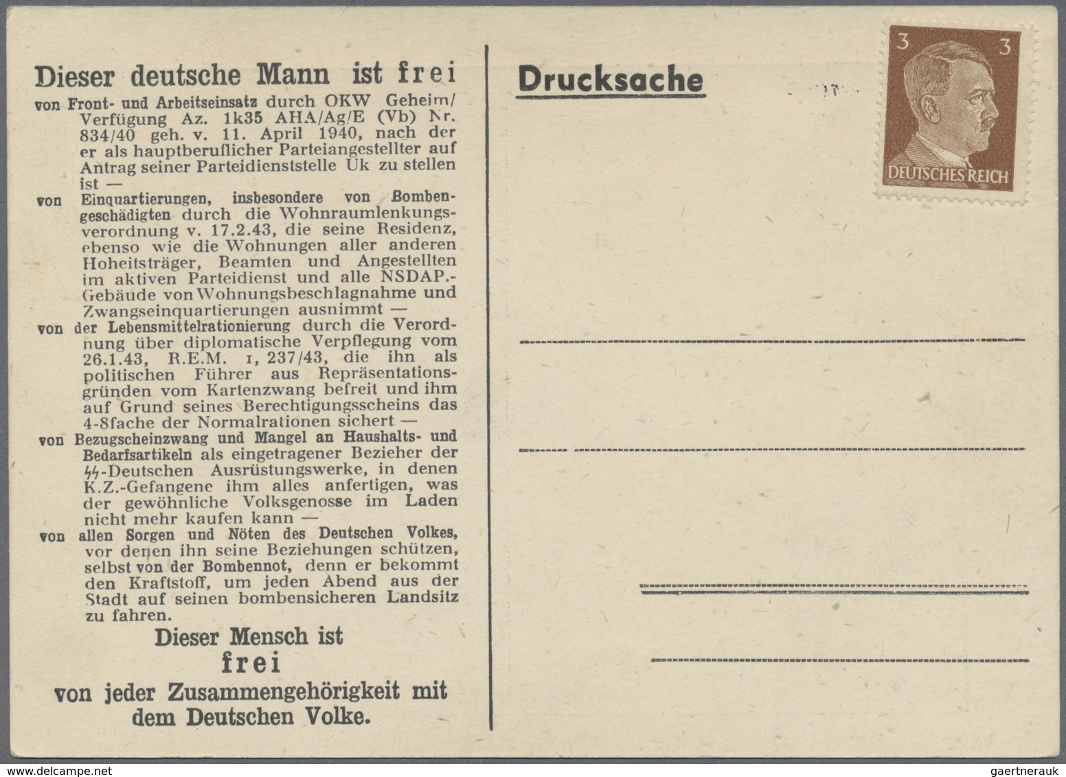 Br Kriegs- Und Propagandafälschungen: 1944, 3 Pfg. Hitler Auf Ungebrauchter Propaganda-Karte "Dr. Ludwi - Autres & Non Classés