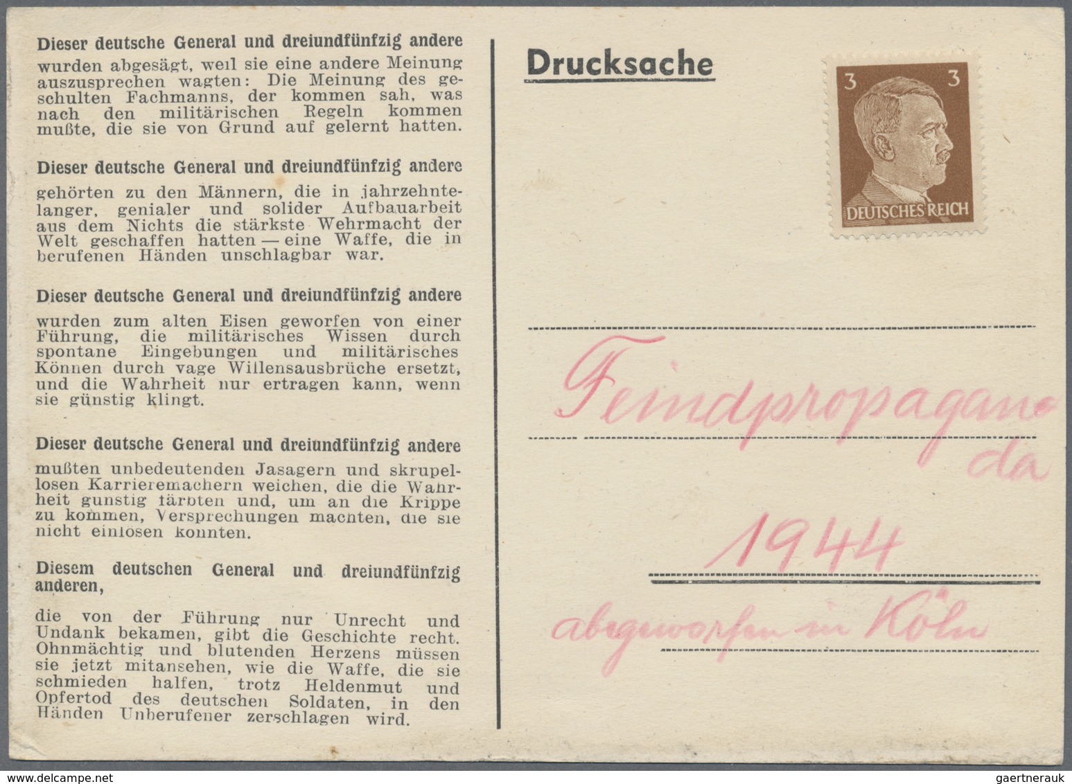 Br Kriegs- Und Propagandafälschungen: 1944, 3 Pfg. Hitler Auf Ungebrauchter Propaganda-Karte "Generalob - Altri & Non Classificati