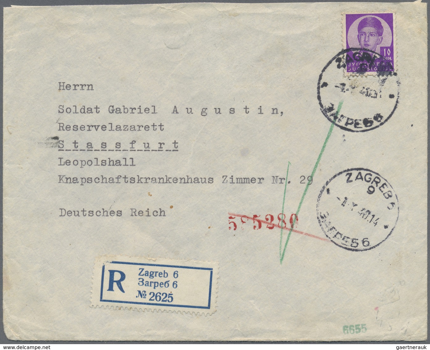 Br Feldpost 2. Weltkrieg: 1940, (1.10.), Frankierter R-Brief Von Zagreb, Jugoslawien über Auslands-Brie - Sonstige & Ohne Zuordnung