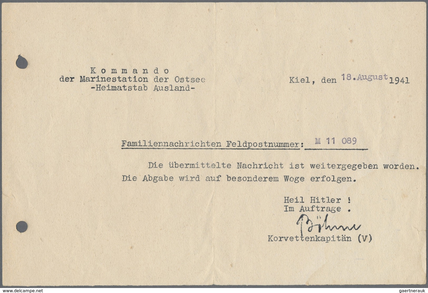 Feldpost 2. Weltkrieg: 1941, (18.8.), Mitteilung (Familiennachricht) Vom Kommando Der Marinestation - Altri & Non Classificati