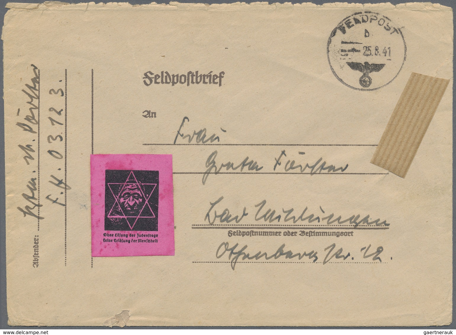 Br Feldpost 2. Weltkrieg: 1941, (25.8.), Lila Antisemitische Vignette Auf Feldpostbrief Von Absender Be - Sonstige & Ohne Zuordnung