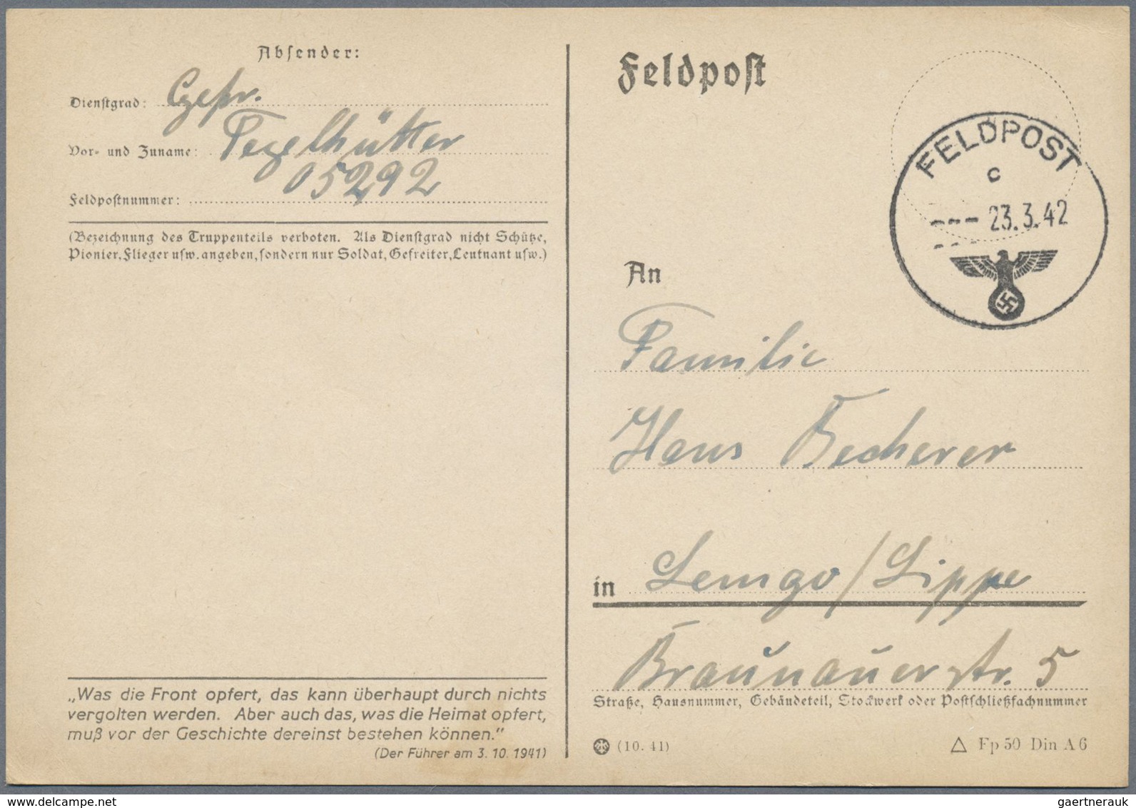 Br Feldpost 2. Weltkrieg: 1942, Zwei Ausgeflogene FP-Belege Verschiedener Einheiten (FP-Nr. 05292 32. I - Sonstige & Ohne Zuordnung