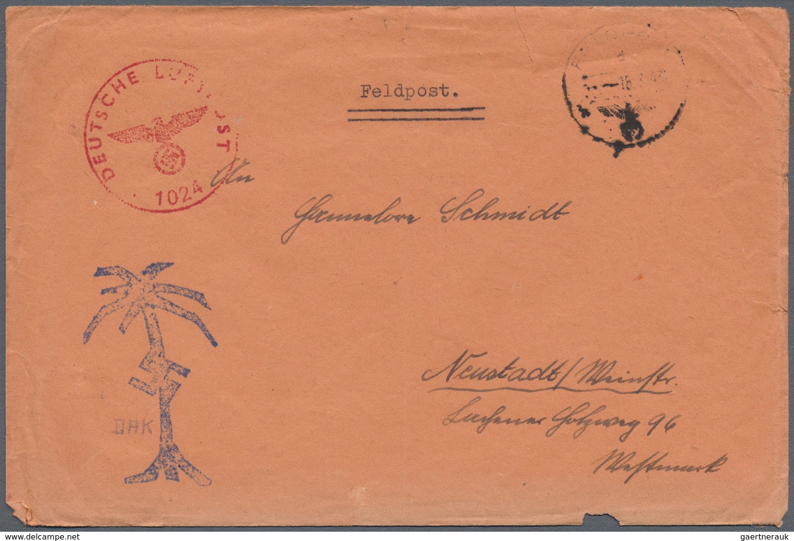 Br Feldpost 2. Weltkrieg: 1943, Feldpost-Brief Mit Normstempel "d 18.3." Und Palmenstempel Sowie Rotem - Autres & Non Classés