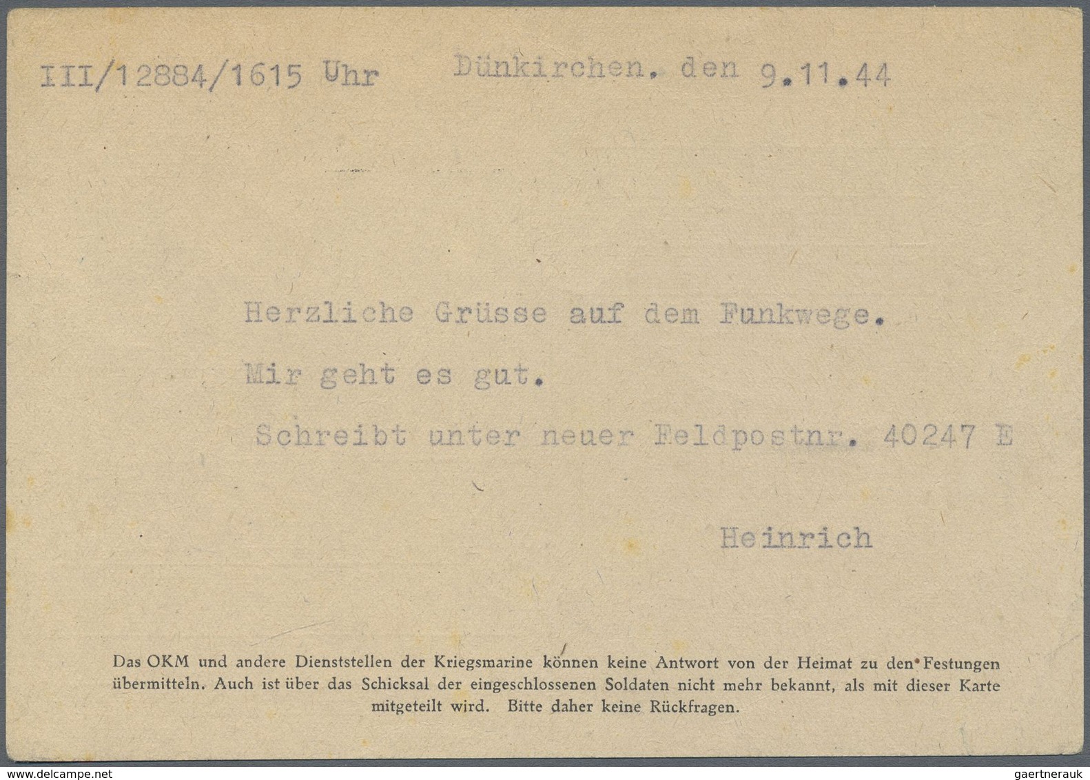 Br Feldpost 2. Weltkrieg: 1944, 10.11.), Funknachrichtenkarte Mit Funkgrüßen Aus Der Eingesschlossenen - Altri & Non Classificati