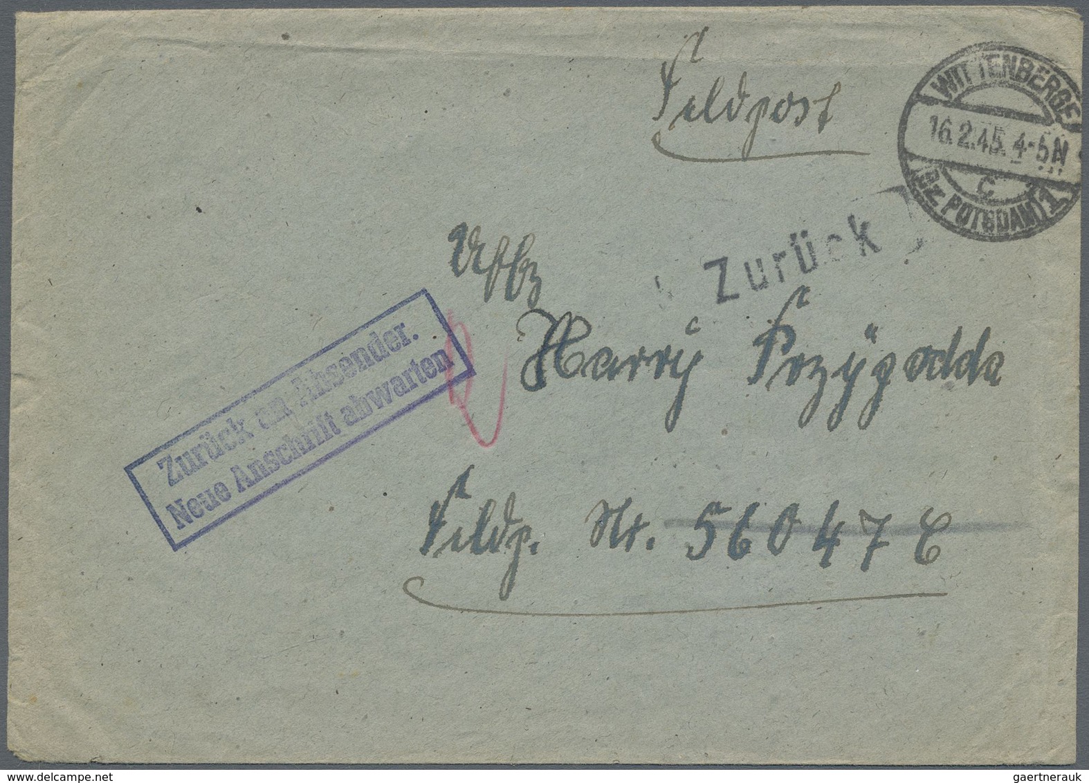 Br Feldpost 2. Weltkrieg: 1945 (13./15.2.), Zwei FP-Briefe Aus Wittenberge (Bz. Potsdam) An FP.-Nr. 560 - Altri & Non Classificati
