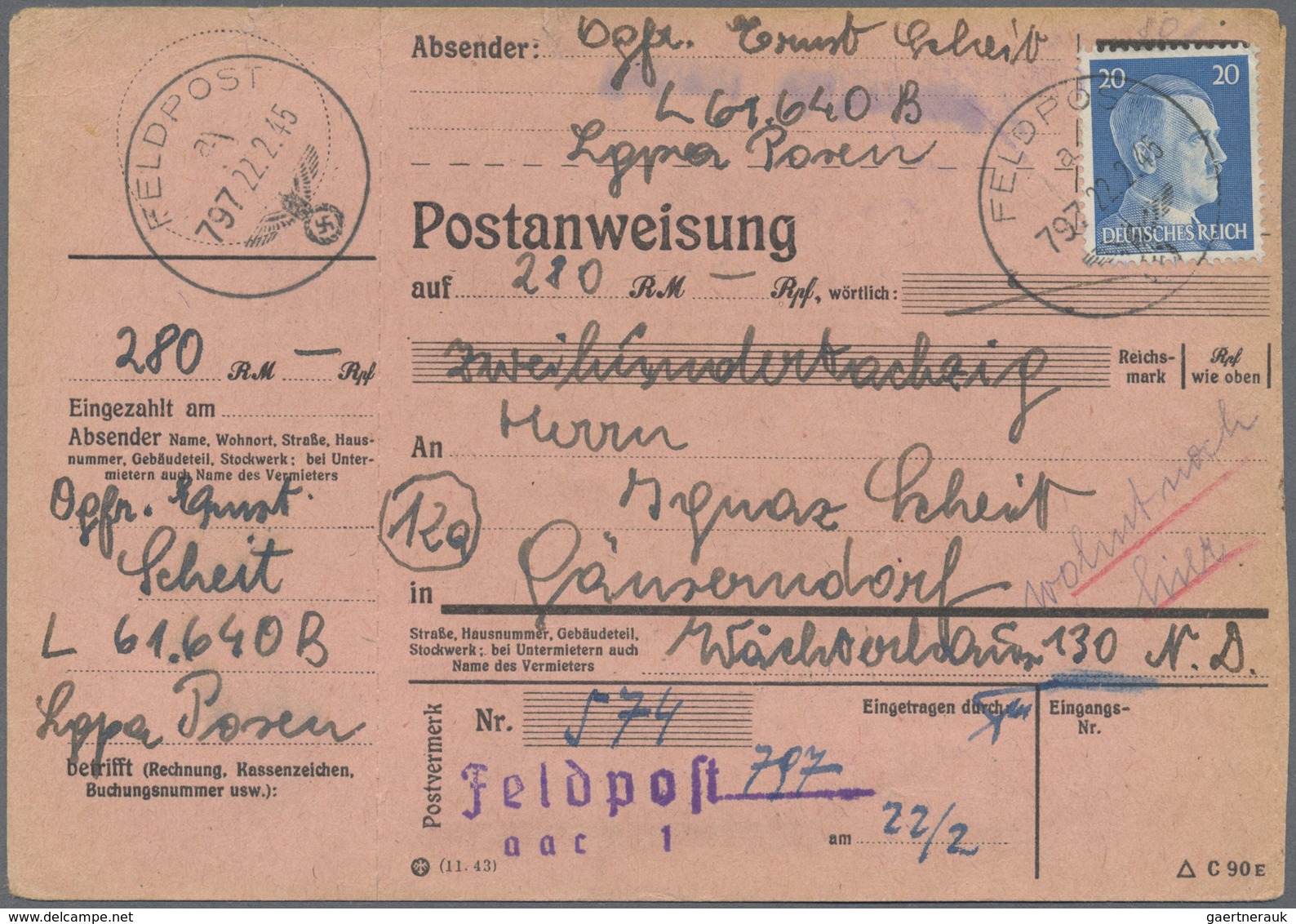 Br Feldpost 2. Weltkrieg: 1945 (22.2.), Frankierte FP-Anweisung (Mittelstück Mit Anhängendem Empfängera - Altri & Non Classificati