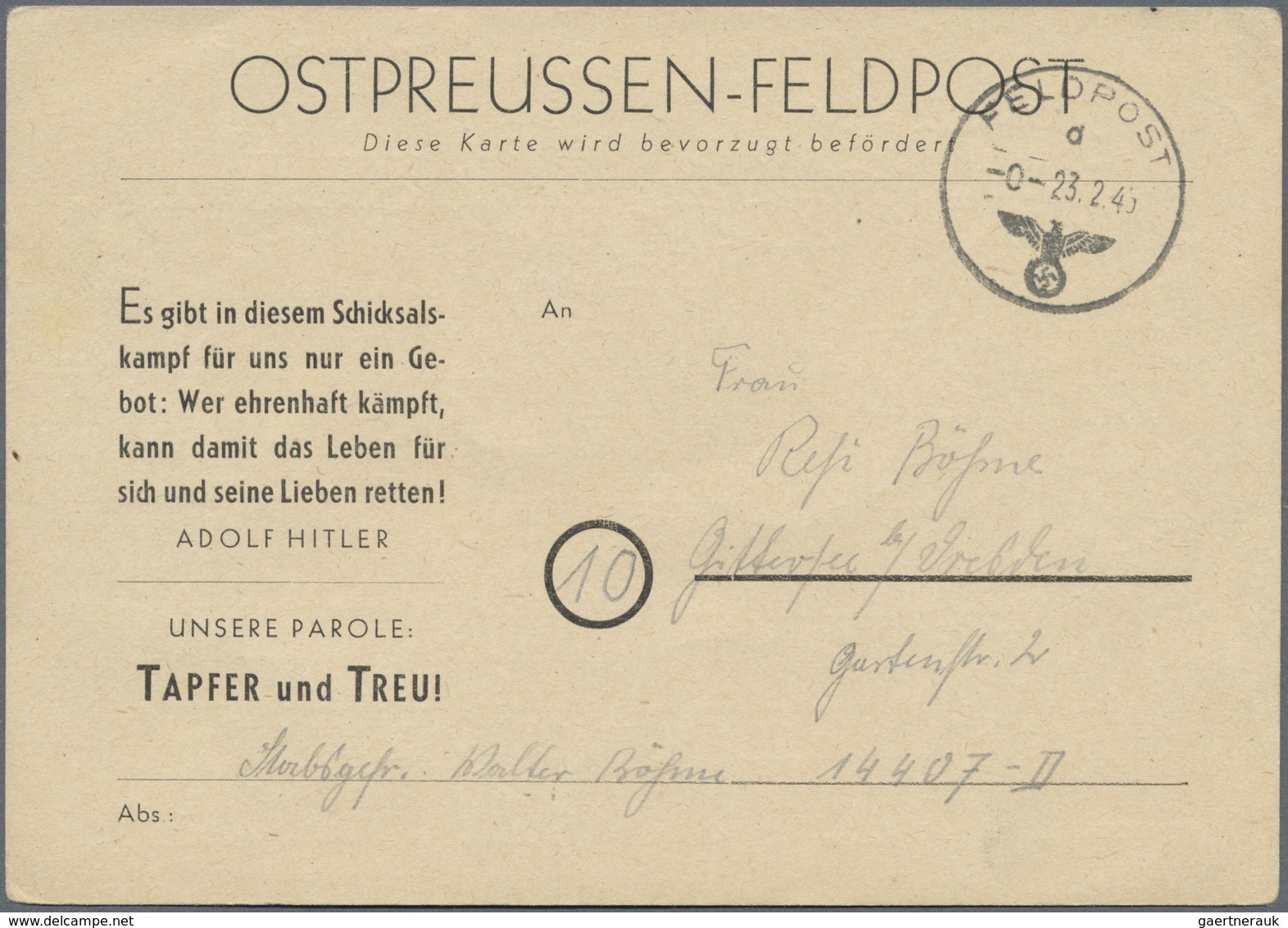 Br Feldpost 2. Weltkrieg: 1945, Ostpreußen-Feldpost, Karte Mit Magerer Schrift Und Parolenaufdruck, Gel - Sonstige & Ohne Zuordnung