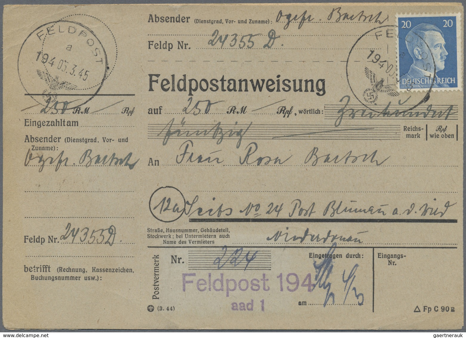 Br Feldpost 2. Weltkrieg: 1945 (5.3.), Frankierte FP-Anweisung (Mittelstück Mit Anhängendem Empfängerab - Autres & Non Classés