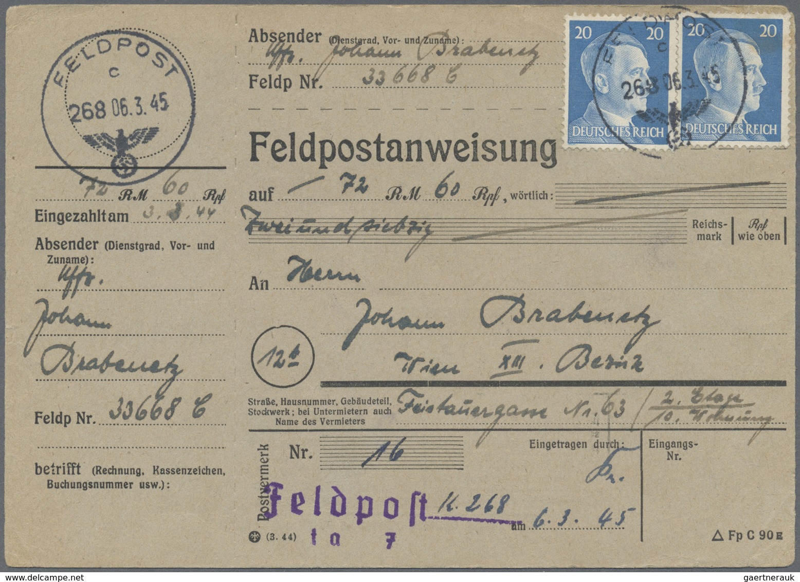 Br Feldpost 2. Weltkrieg: 1945 (6.3.), Frankierte FP-Anweisung (Mittelstück Mit Anhängendem Empfängerab - Autres & Non Classés