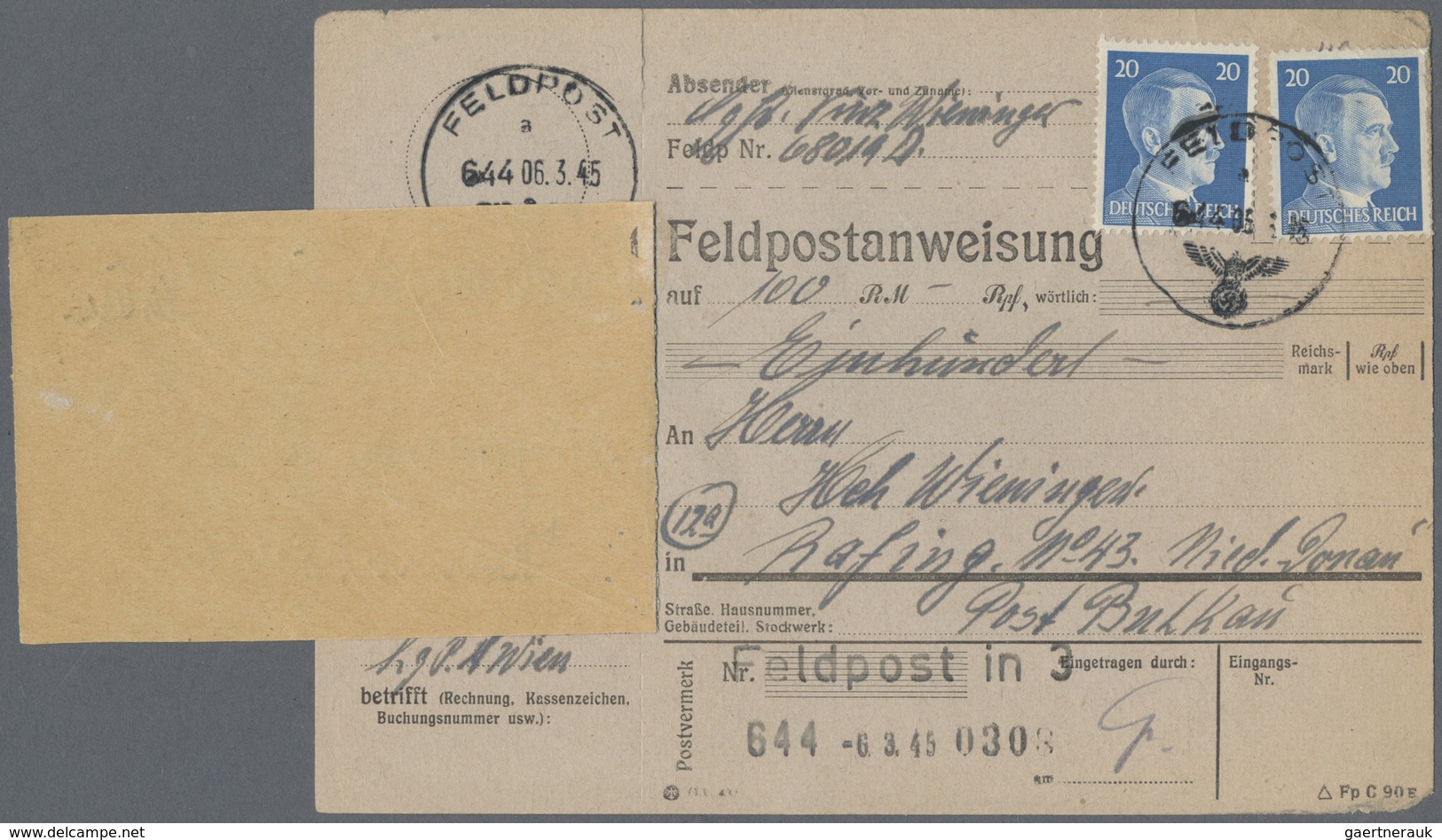 Br Feldpost 2. Weltkrieg: 1945 (6.3.), Frankierte FP-Anweisung (Mittelstück Mit Anhängendem Empfängerab - Sonstige & Ohne Zuordnung