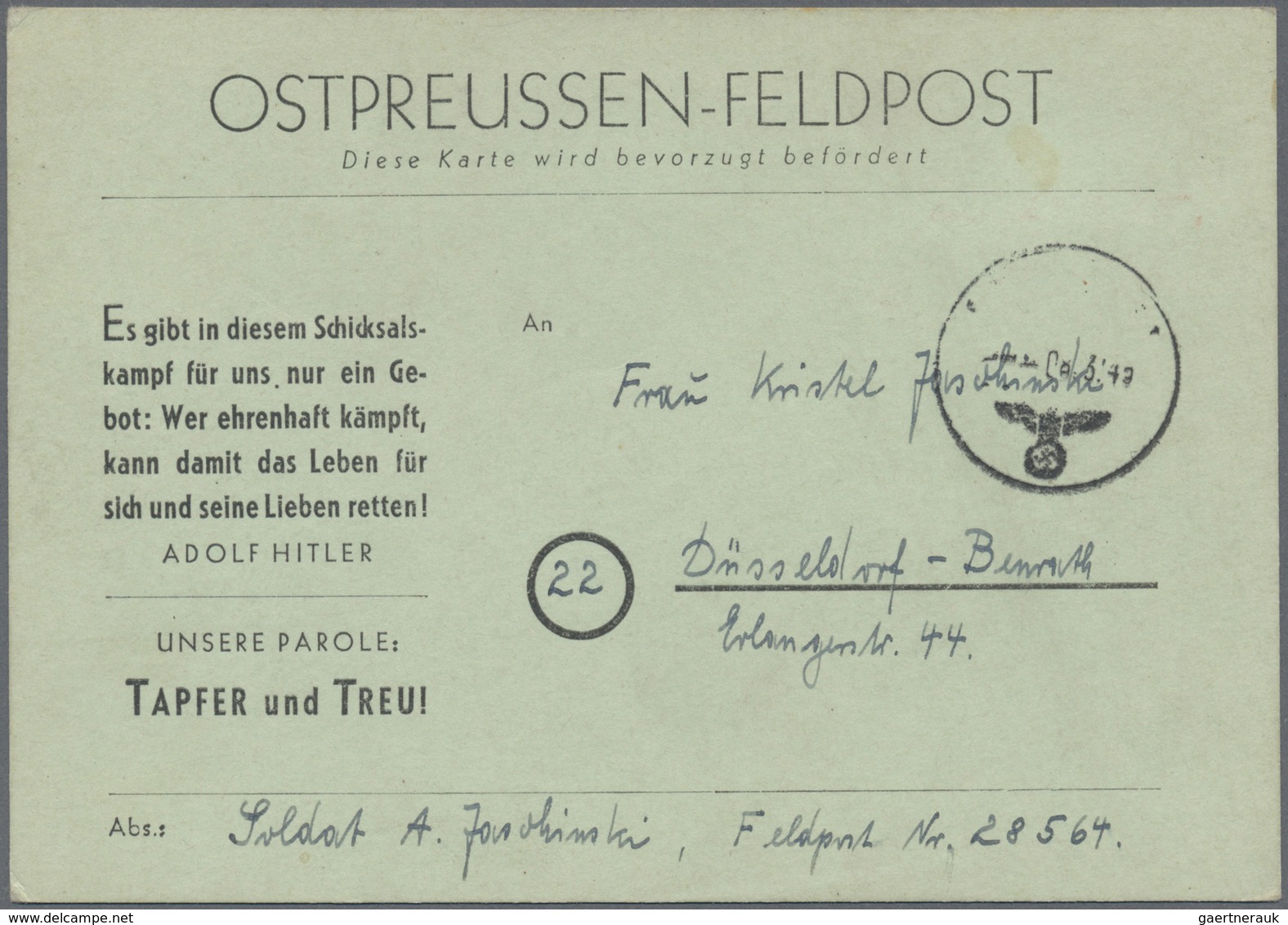 Br Feldpost 2. Weltkrieg: 1945, Ostpreussen Feldpost-Vordruckkarte Auf Graugrünem Karton Mit Ormstempel - Autres & Non Classés
