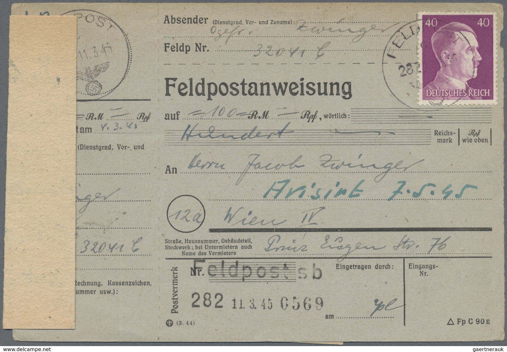 Br Feldpost 2. Weltkrieg: 1945 (11.3.), Frankierte FP-Anweisung (Mittelstück Mit Anhängendem Empfängera - Autres & Non Classés