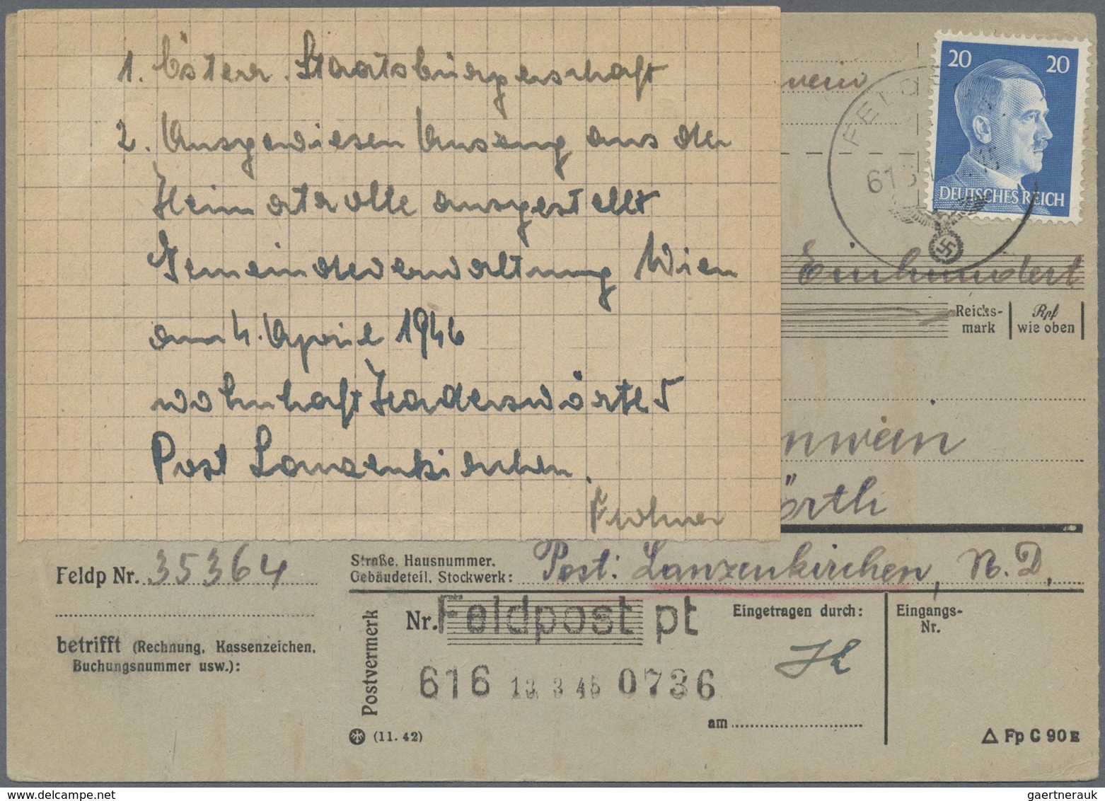 Br Feldpost 2. Weltkrieg: 1945 (13.3.), Frankierte FP-Anweisung (Mittelstück Mit Anhängendem Empfängera - Sonstige & Ohne Zuordnung