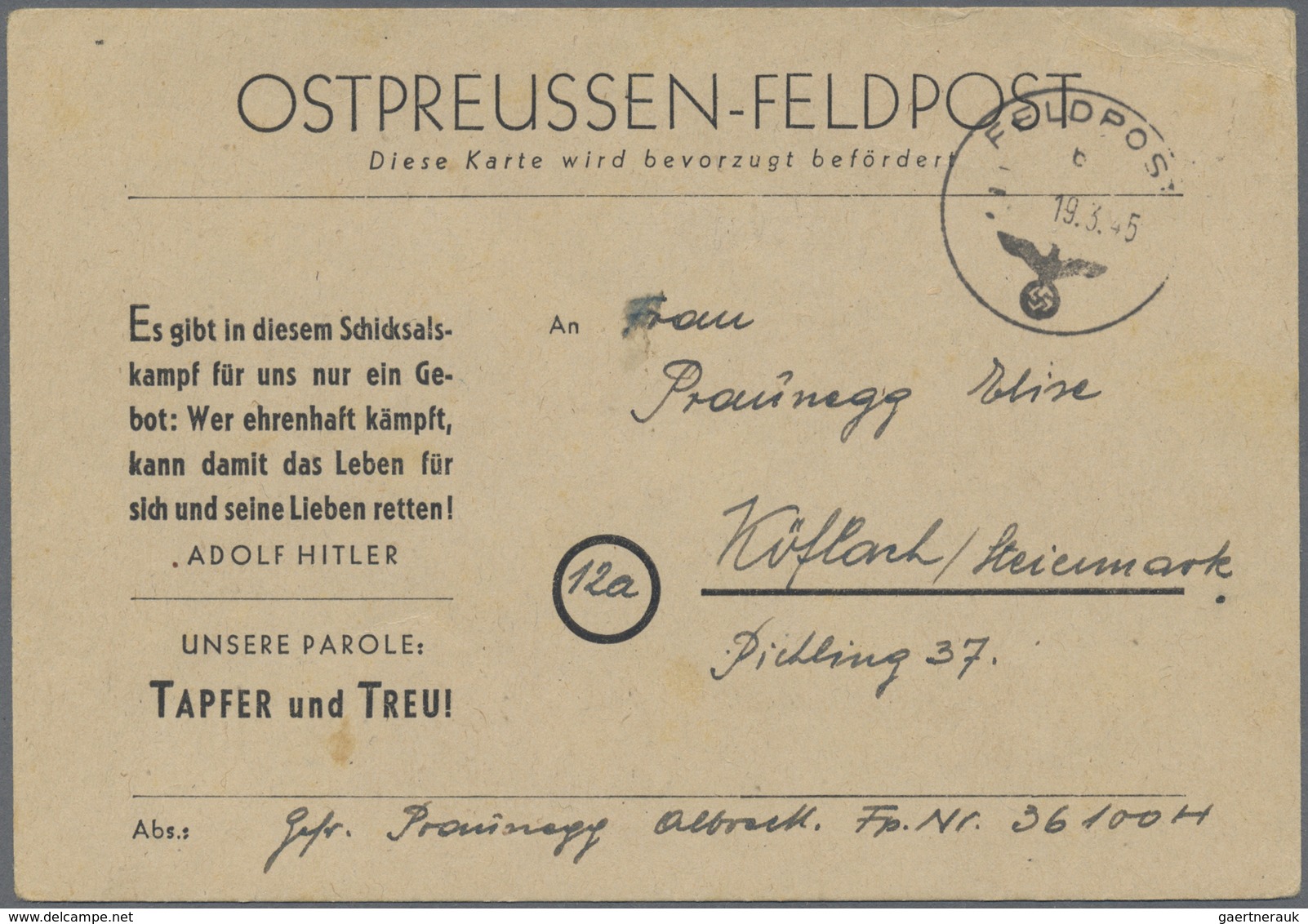 Br Feldpost 2. Weltkrieg: 1945, OstpreussenFeldpost-Vordruckkarte Auf Weißem Karton Mit Normstempel "b - Sonstige & Ohne Zuordnung