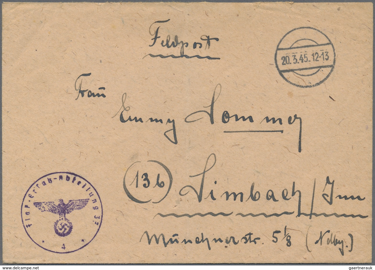Br Feldpost 2. Weltkrieg: 1945 (20.3.), Augeflogener FP-Brief (leichter Mittelbug) Aus Der "Festung Bre - Altri & Non Classificati