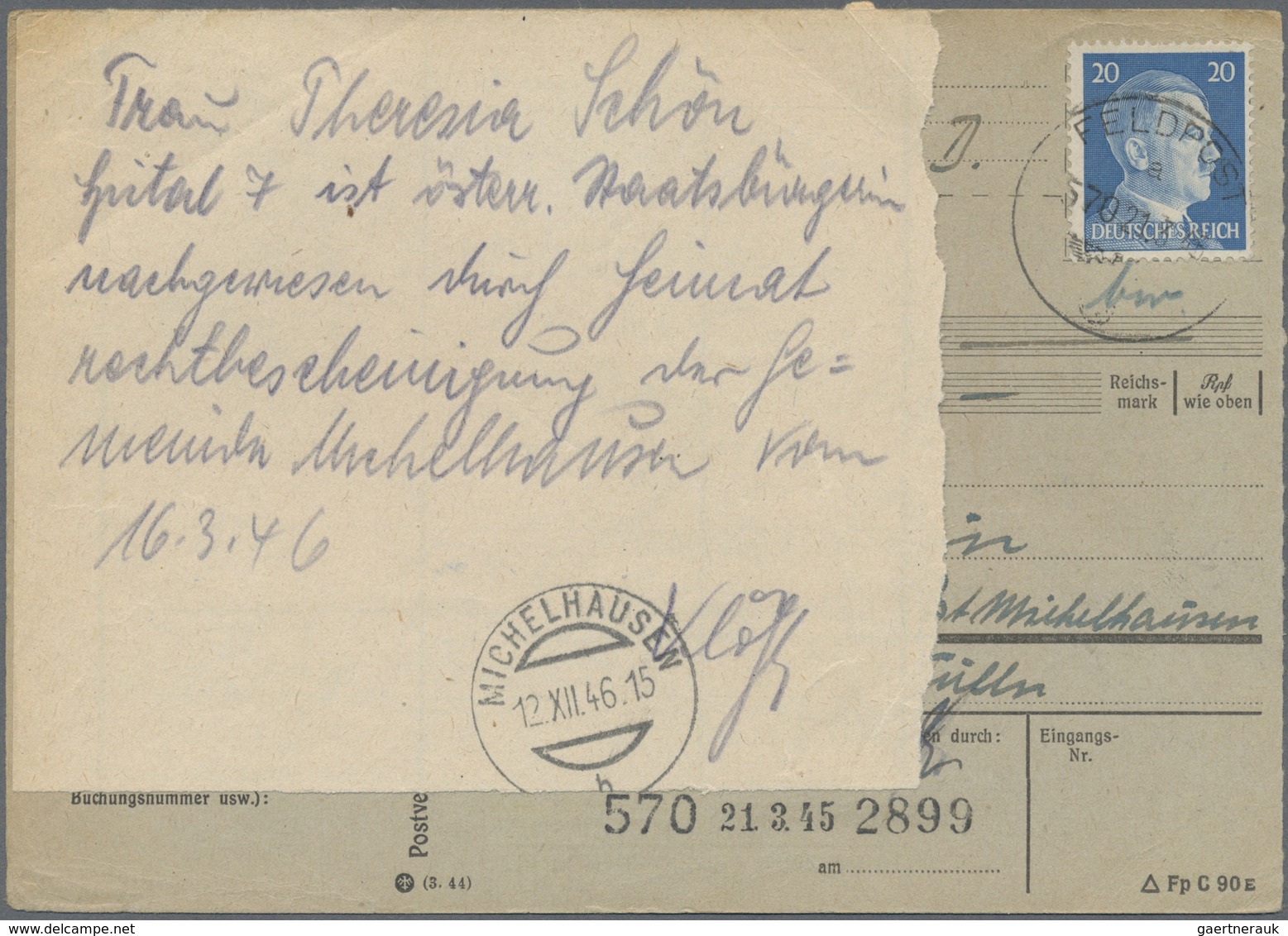 Br Feldpost 2. Weltkrieg: 1945 (21.3.), Frankierte FP-Anweisung (Mittelstück Mit Anhängendem Empfängera - Sonstige & Ohne Zuordnung