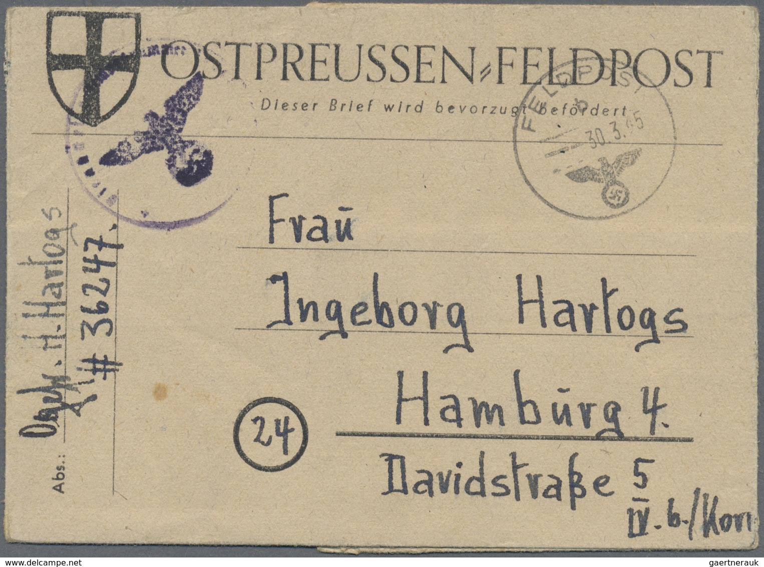 Br Feldpost 2. Weltkrieg: 1945, Ostpreussen Feldpost-Vordruckfaltbrief Mit Normstempel "b 30.3.45" Und - Altri & Non Classificati