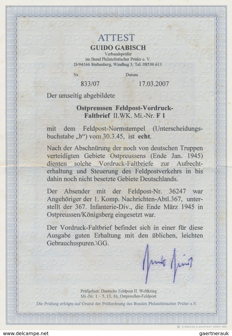 Br Feldpost 2. Weltkrieg: 1945, Ostpreussen Feldpost-Vordruckfaltbrief Mit Normstempel "b 30.3.45" Und - Altri & Non Classificati