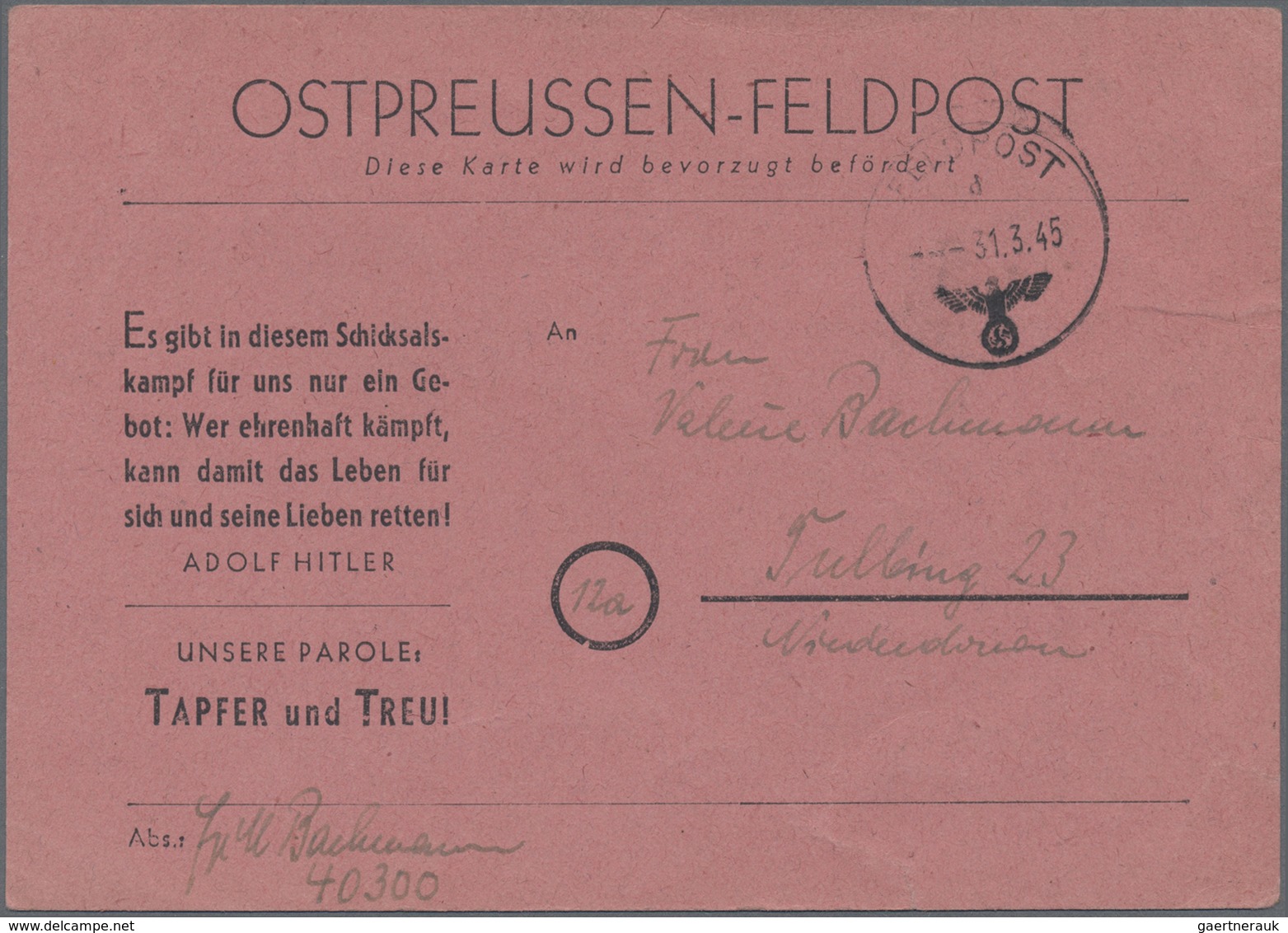 Br Feldpost 2. Weltkrieg: 1945, Ostpreussen Feldpost-Vordruckkarte Auf Lachsrotem Karton Mit Normstempe - Altri & Non Classificati