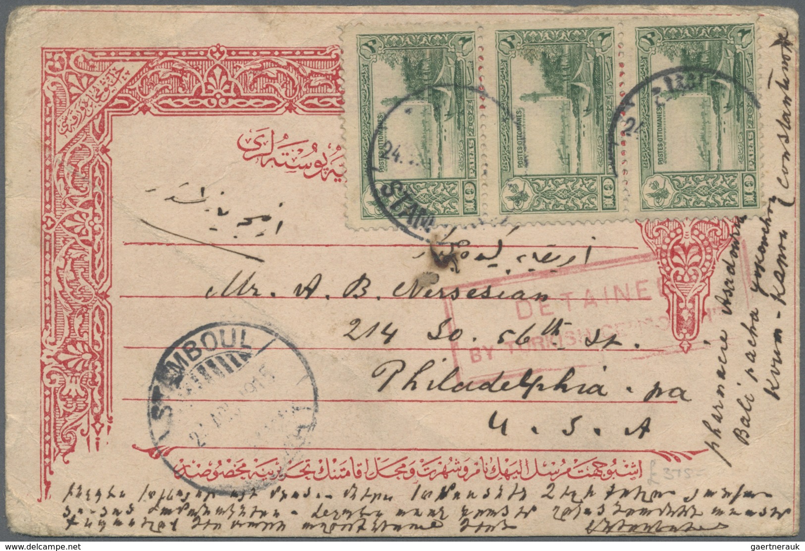 GA Zensurpost: 1915, Turkey Postal Stationery Card 20 Pa. From 1901 Used As Postcard And Franked With S - Autres & Non Classés