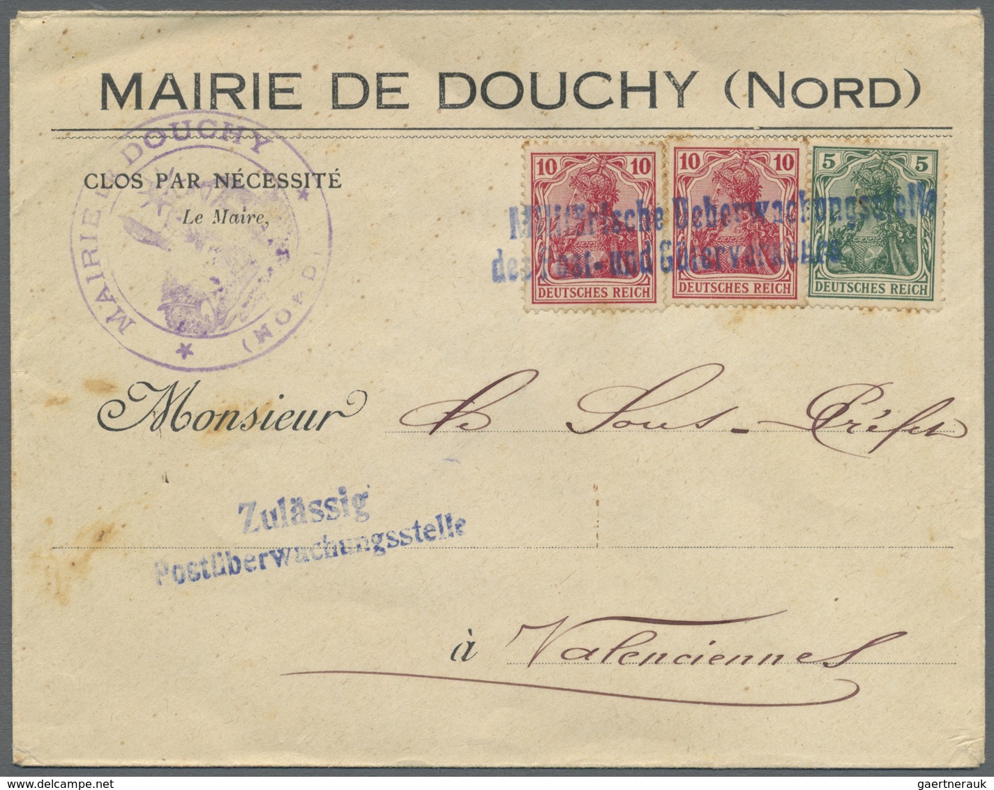 Br Zensurpost: 1915 (ca): Brief Der Mairie De Douchy Mit Entsprechendem Französischen Franchise-Stempel - Autres & Non Classés