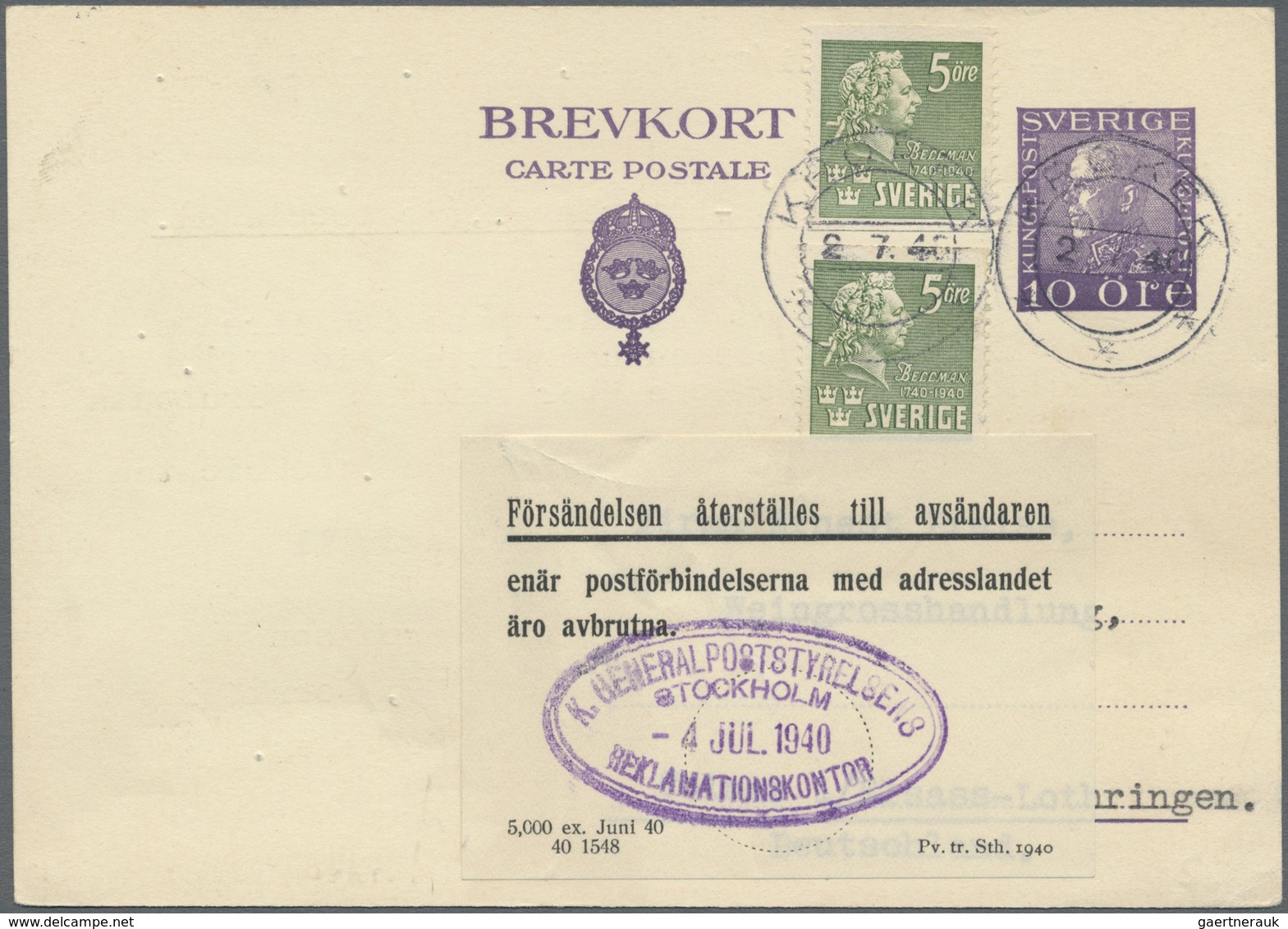 GA Zensurpost: 1940, Schwedische 10 Öre Ganzsachenkarte Mit Zusatzfrankatur, Adressiert Nach Colmar (El - Sonstige & Ohne Zuordnung