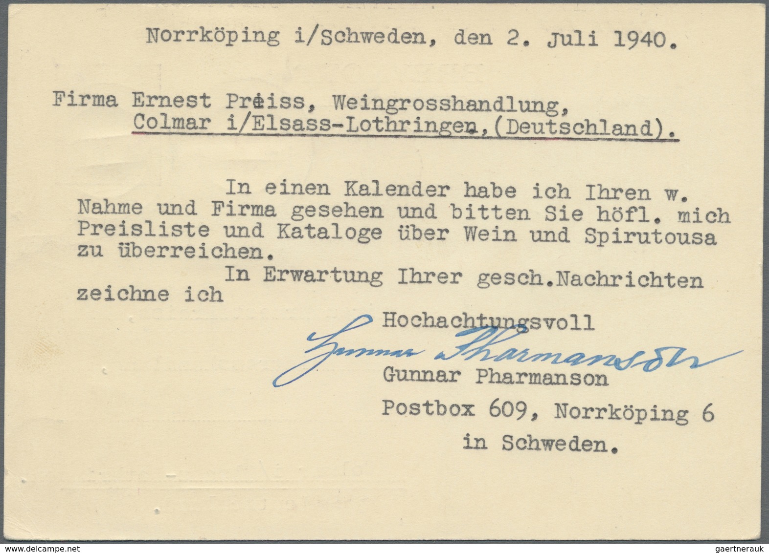 GA Zensurpost: 1940, Schwedische 10 Öre Ganzsachenkarte Mit Zusatzfrankatur, Adressiert Nach Colmar (El - Sonstige & Ohne Zuordnung