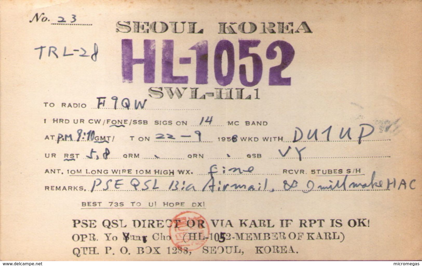 CARTE RADIO QSL - Seoul, Korea - HL-1052 - 1956 - Radio