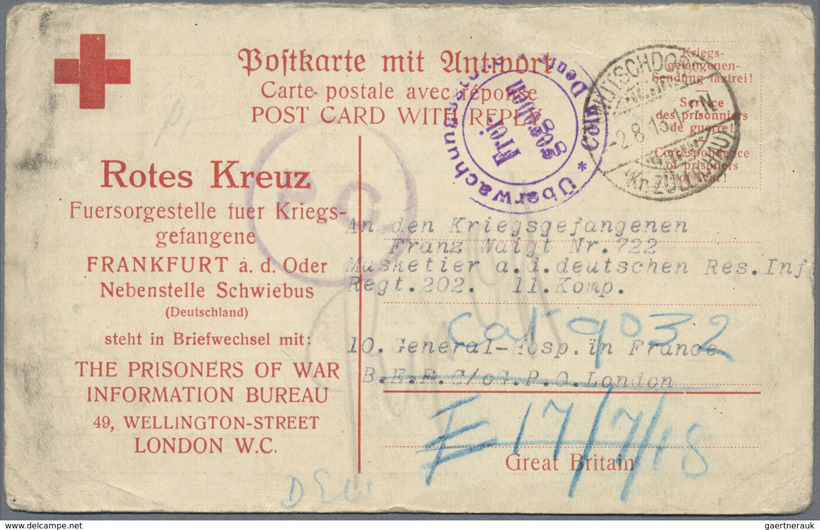 Br Kriegsgefangenen-Lagerpost: 1918: Frageteil Einer Rot-Kreuz Doppelkarte Des Fürsorgestelle Für Krieg - Sonstige & Ohne Zuordnung