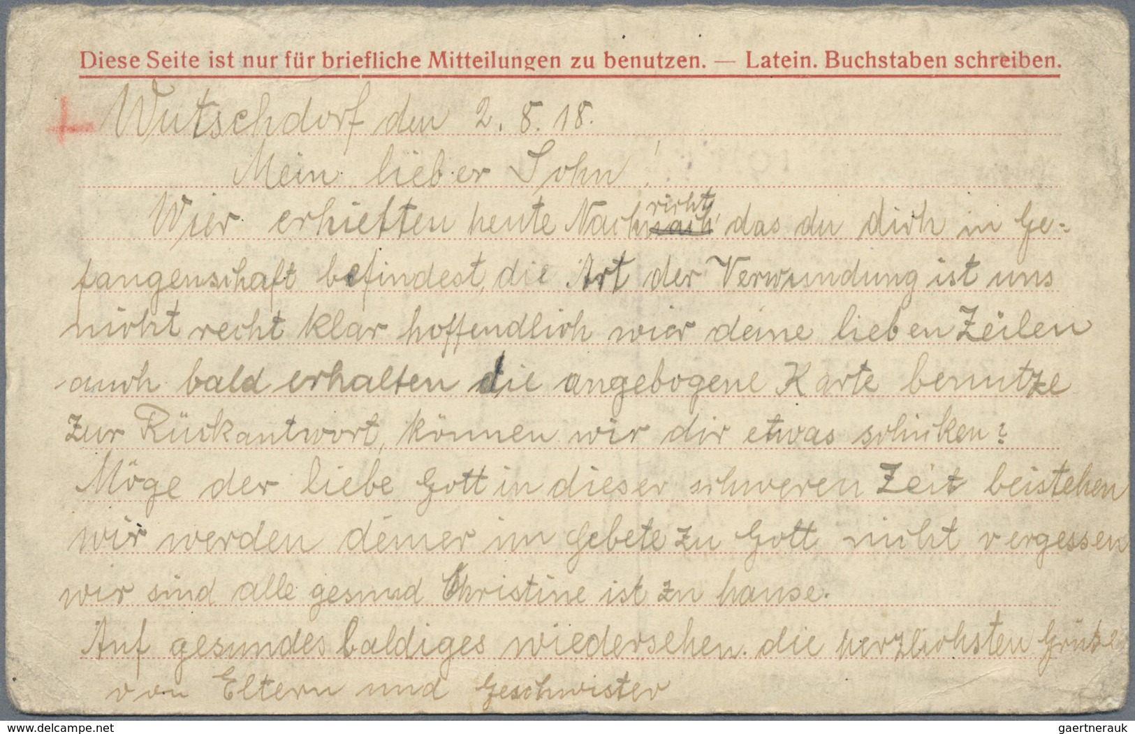 Br Kriegsgefangenen-Lagerpost: 1918: Frageteil Einer Rot-Kreuz Doppelkarte Des Fürsorgestelle Für Krieg - Sonstige & Ohne Zuordnung