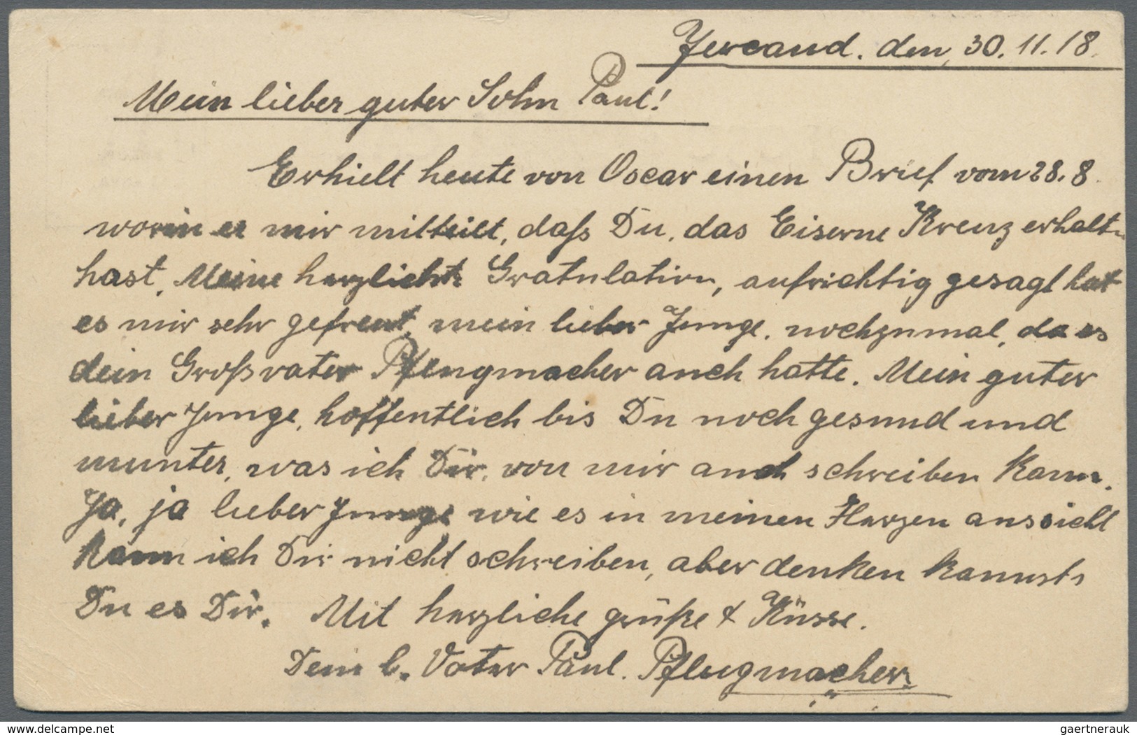 Br Kriegsgefangenen-Lagerpost: 1918 P.O.W. Card Sent By A German From Camp Yercaud To His Son Serving I - Sonstige & Ohne Zuordnung