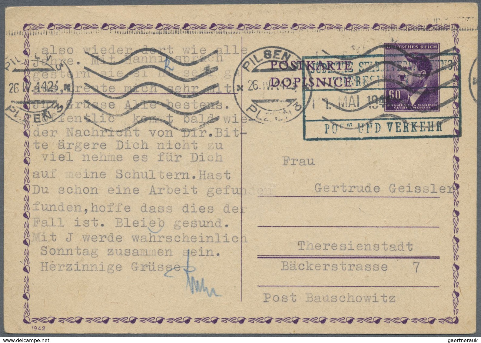 Br Ghetto-Post: Theresienstadt: 1944, 6 Pfg. Ganzsachenkarte Aus PILSEN 26.IV. Nach Theresienstadt Mit - Autres & Non Classés