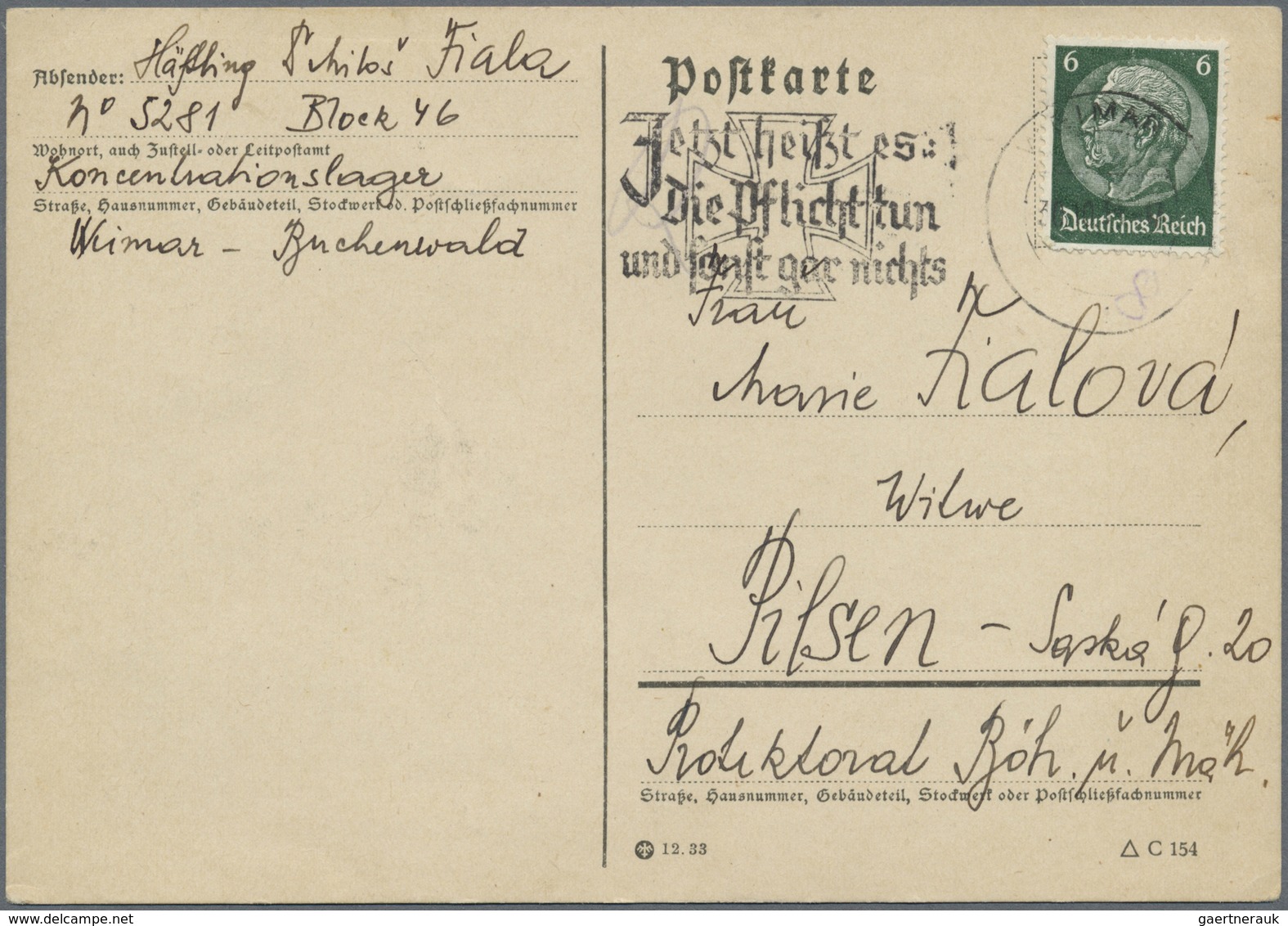 Br KZ-Post: 1941 KZ Buchenwald, 2 Frühe Postkarten (29.10.39 Block 46 Und 31.10.41 Block 48) Mit Unters - Lettres & Documents