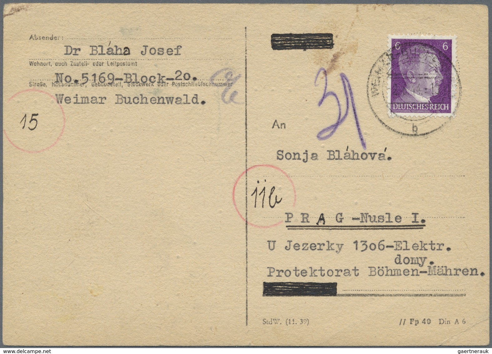 GA KZ-Post: 1944 KZ Buchenwald: Postkarte Von Häftling Dr. Josef Blaha, Nr. 5169 Block 20 Als Sehr Selt - Briefe U. Dokumente