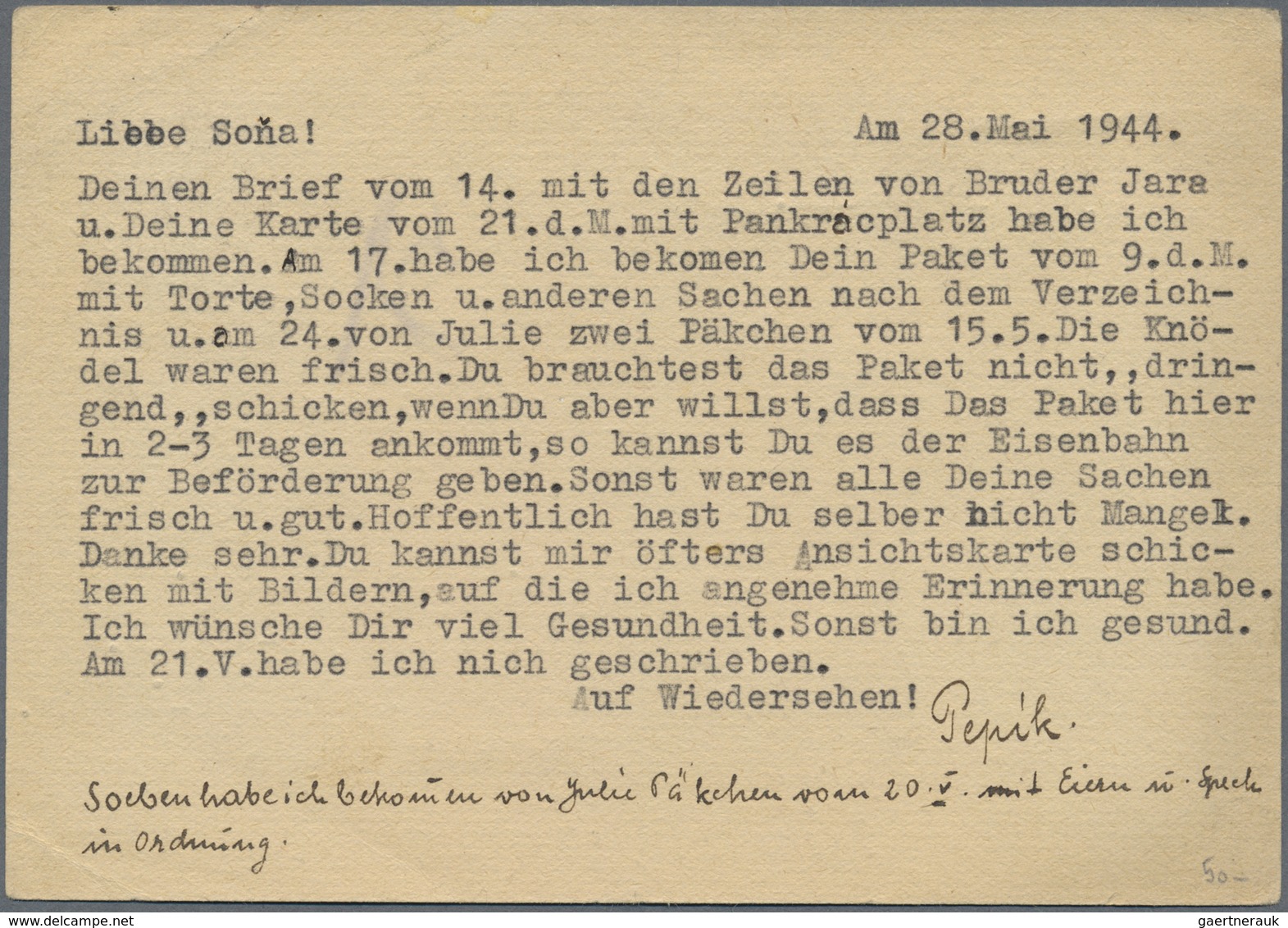 GA KZ-Post: 1944 KZ Buchenwald: Postkarte Von Häftling Dr. Josef Blaha, Nr. 5169 Block 20 Als Sehr Selt - Briefe U. Dokumente