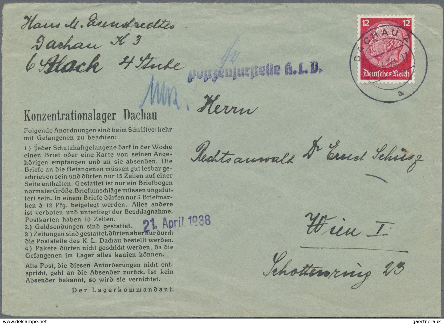 Br KZ-Post: 1938 (21.4.) KZ Dachau: Früher Umschlag Als Die Gefangenen Noch Keine Häftlings-Nummern Hat - Storia Postale