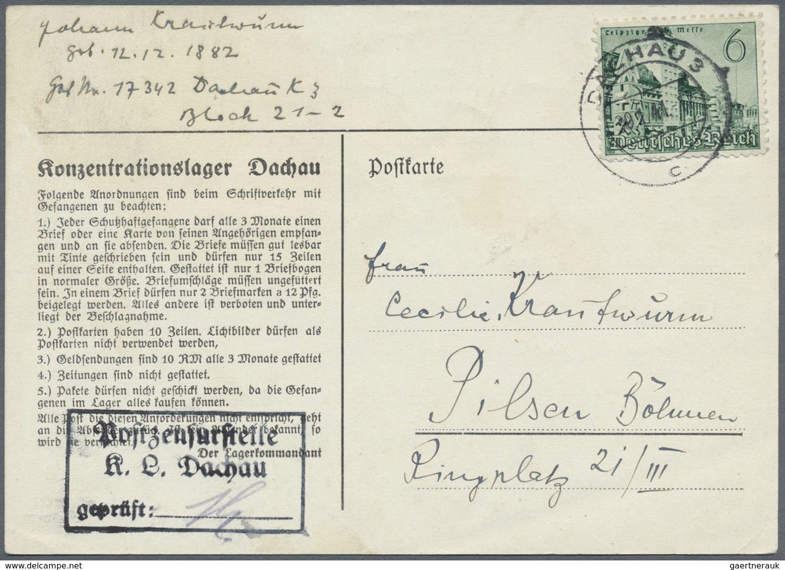 Br KZ-Post: Dachau: 1941, Weiße Vordruckkarte Mit 5 Anordnungen, Gebraucht Mit 6 Pfg. Sondermarke Aus D - Storia Postale