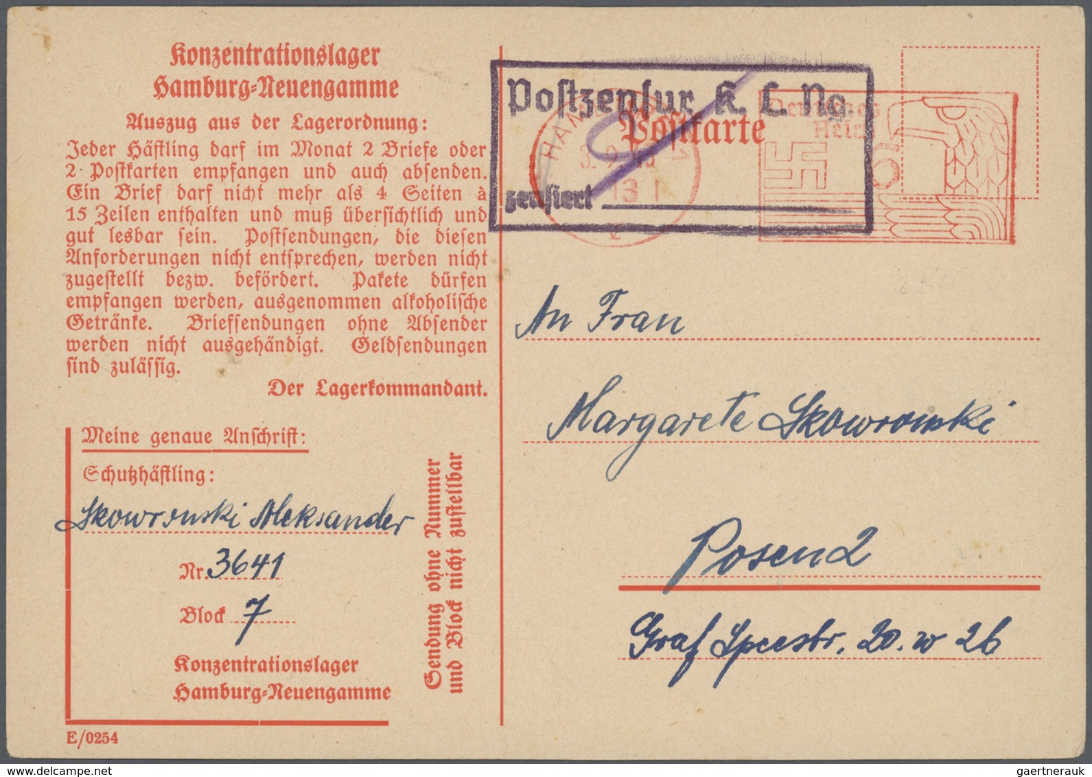 Br KZ-Post: Hamburg-Neuengamme 1943 (29.8.) Vordruck-Karte "Auszug Aus Der Lagerordnung" Mit Seltenem R - Briefe U. Dokumente