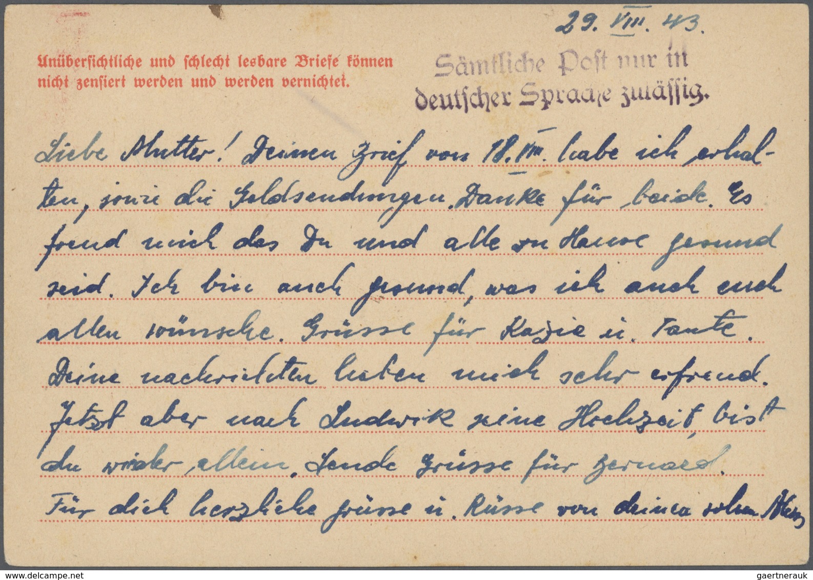 Br KZ-Post: Hamburg-Neuengamme 1943 (29.8.) Vordruck-Karte "Auszug Aus Der Lagerordnung" Mit Seltenem R - Briefe U. Dokumente