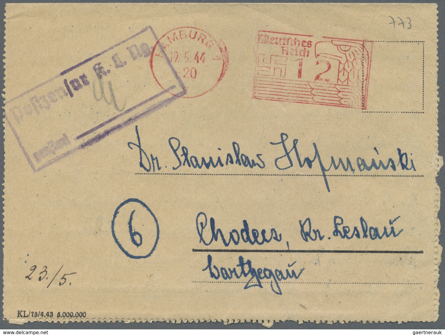 Br KZ-Post: Hamburg-Neuengamme 1944 (19.5.) Lager-Vordruck-Kartenbrief Mit Freistempel "HAMBURG 12.5.44 - Briefe U. Dokumente