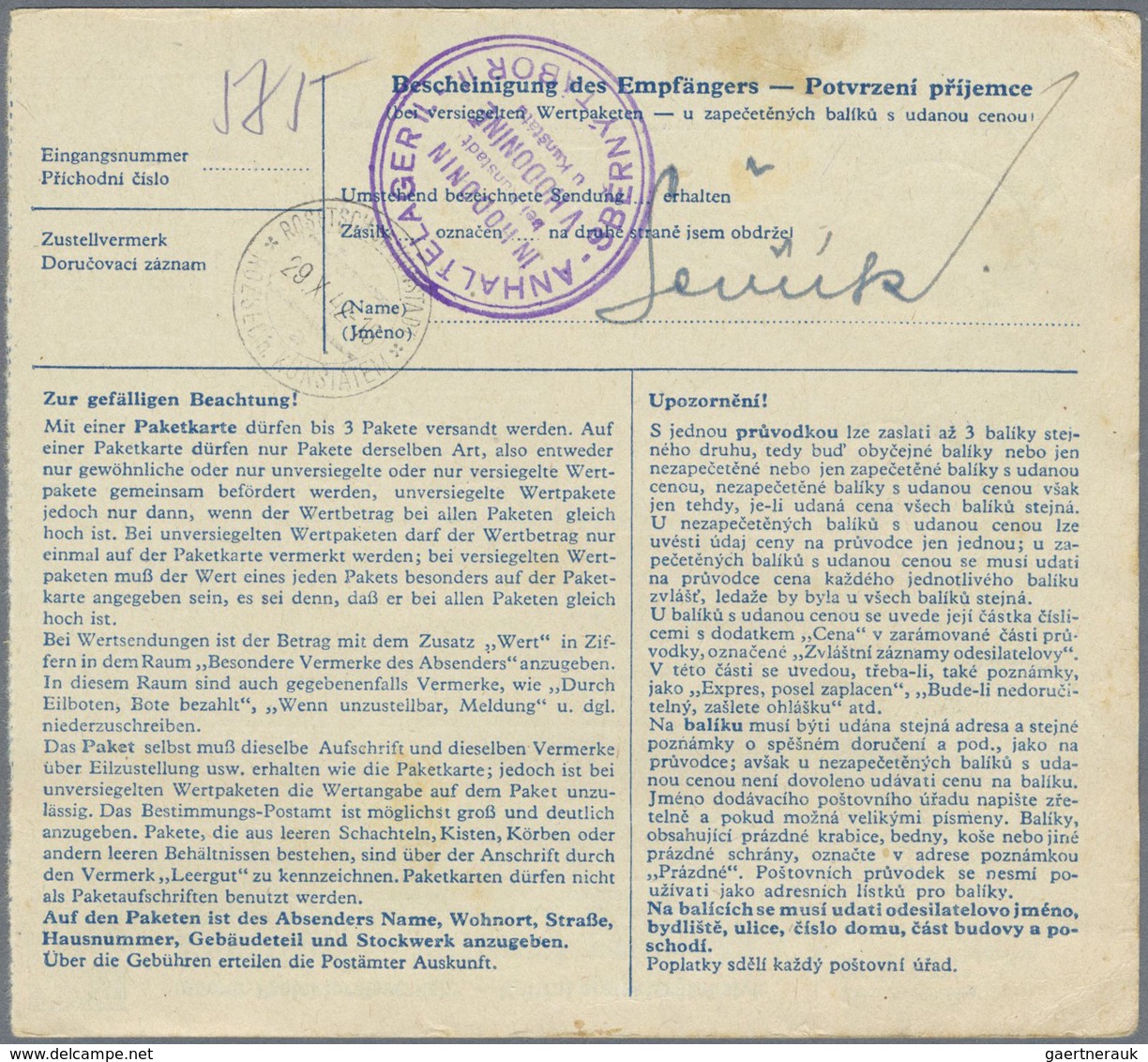 Br KZ-Post: 1942 (23.10), Frankierte Paketkarte Mit Senkrechtem Dreierstreifen 3 K Böhmen Und Mähren Au - Lettres & Documents