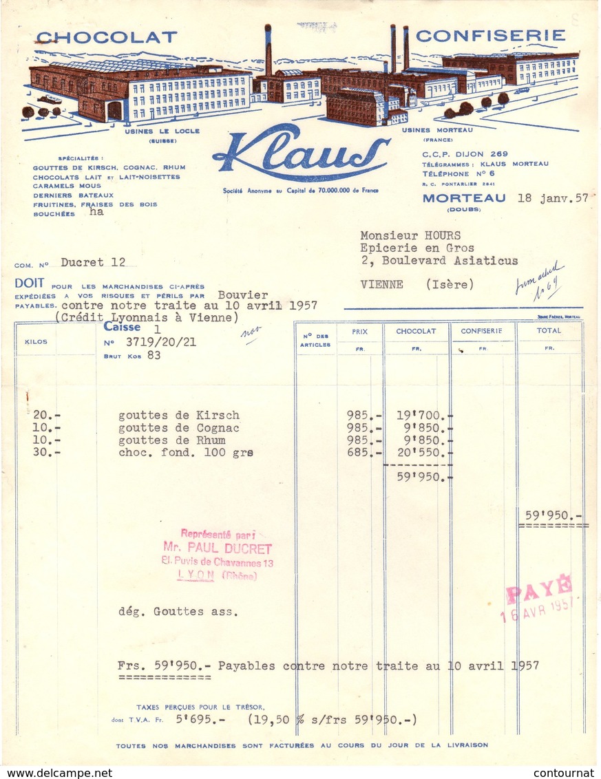 SUISSE LE LOCLE 25 MORTEAU Facture 1957  Chocolat KLAUS  CONFISERIE CHOCOLATERIE * Z50 - Suisse