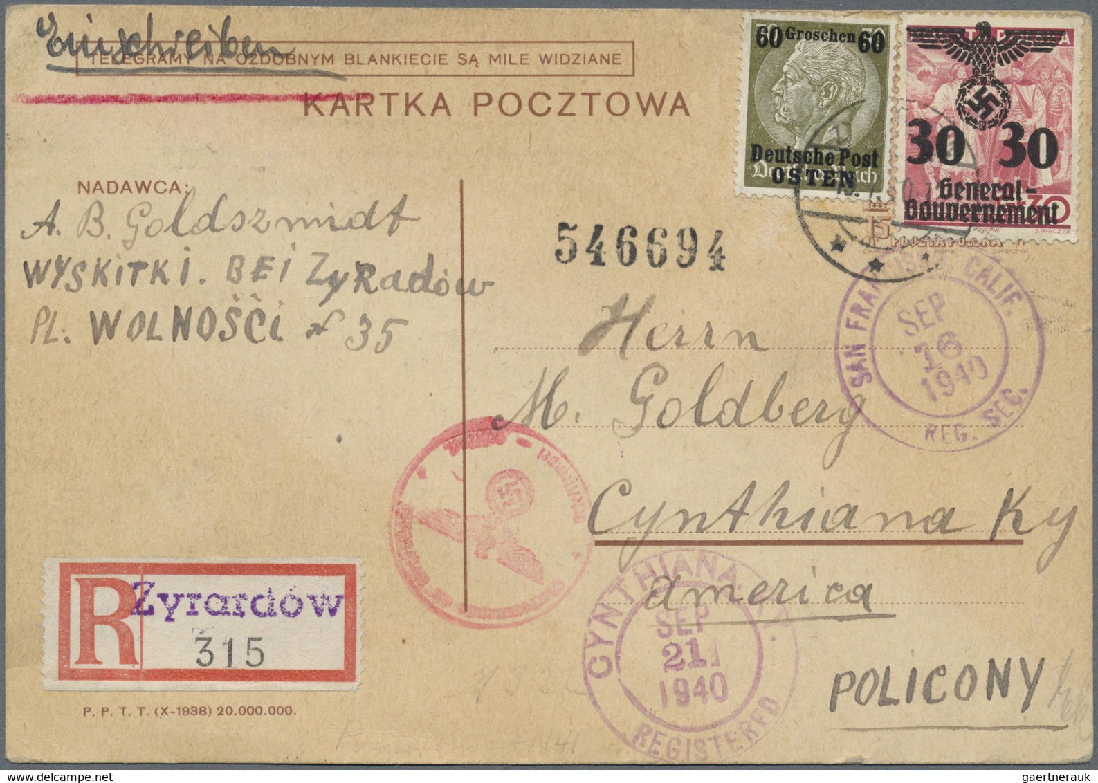 GA KZ-Post: 1940 Generalgouvernement: Optisch Eindrucksvolle Eingeschriebene Postkarte Von Herrn Goldsc - Storia Postale