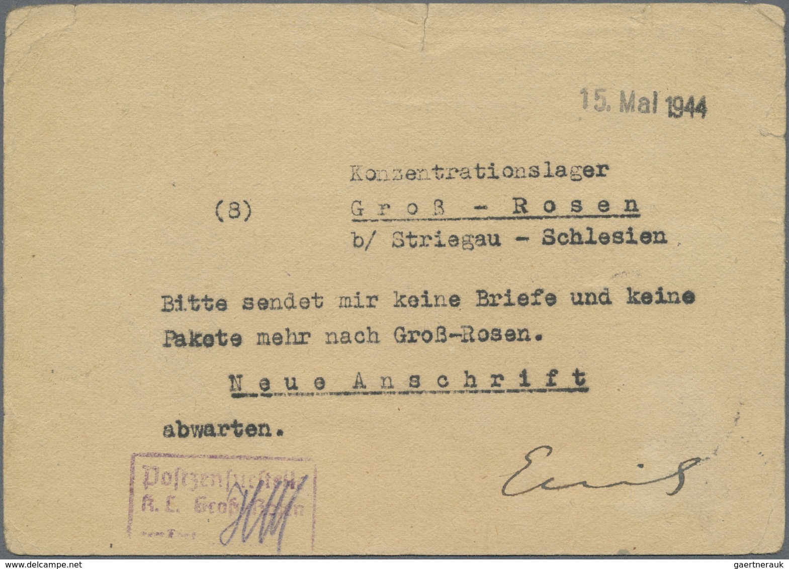 Br KZ-Post: 1944 KZ Groß Rosen: Seltene Anschriftenkarte Eines Häftlings Mit Der Bitte, Keine Pakete Me - Storia Postale