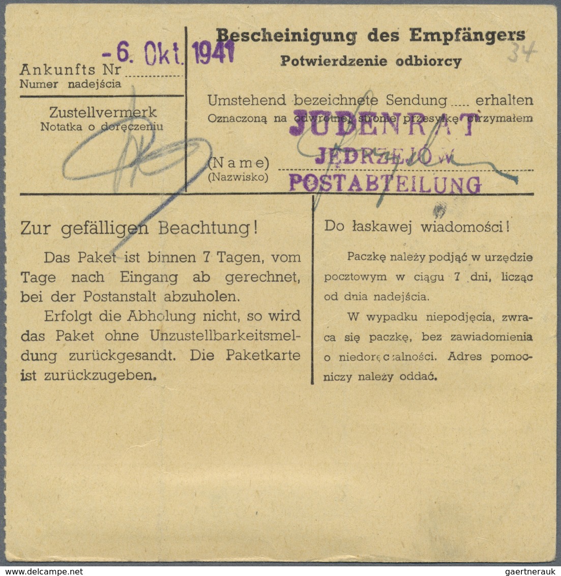 Br KZ-Post: 1941 Ghetto Jedrzejow: Paketkarte Von "SLOMNIKI 4.10.41" An Eine Juden Im Ghetto Jedrzejow - Briefe U. Dokumente