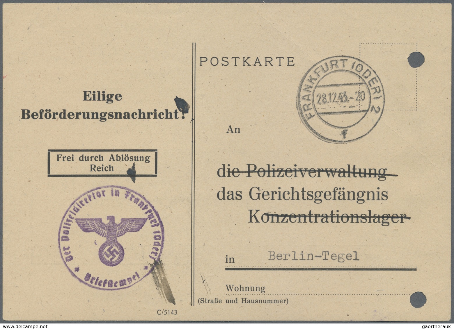 Br KZ-Post: "Konzentrationslager" 1943 (28.12.) Vordruck-Postkarte Für Einen Gefangenen Vom Strafgefäng - Storia Postale
