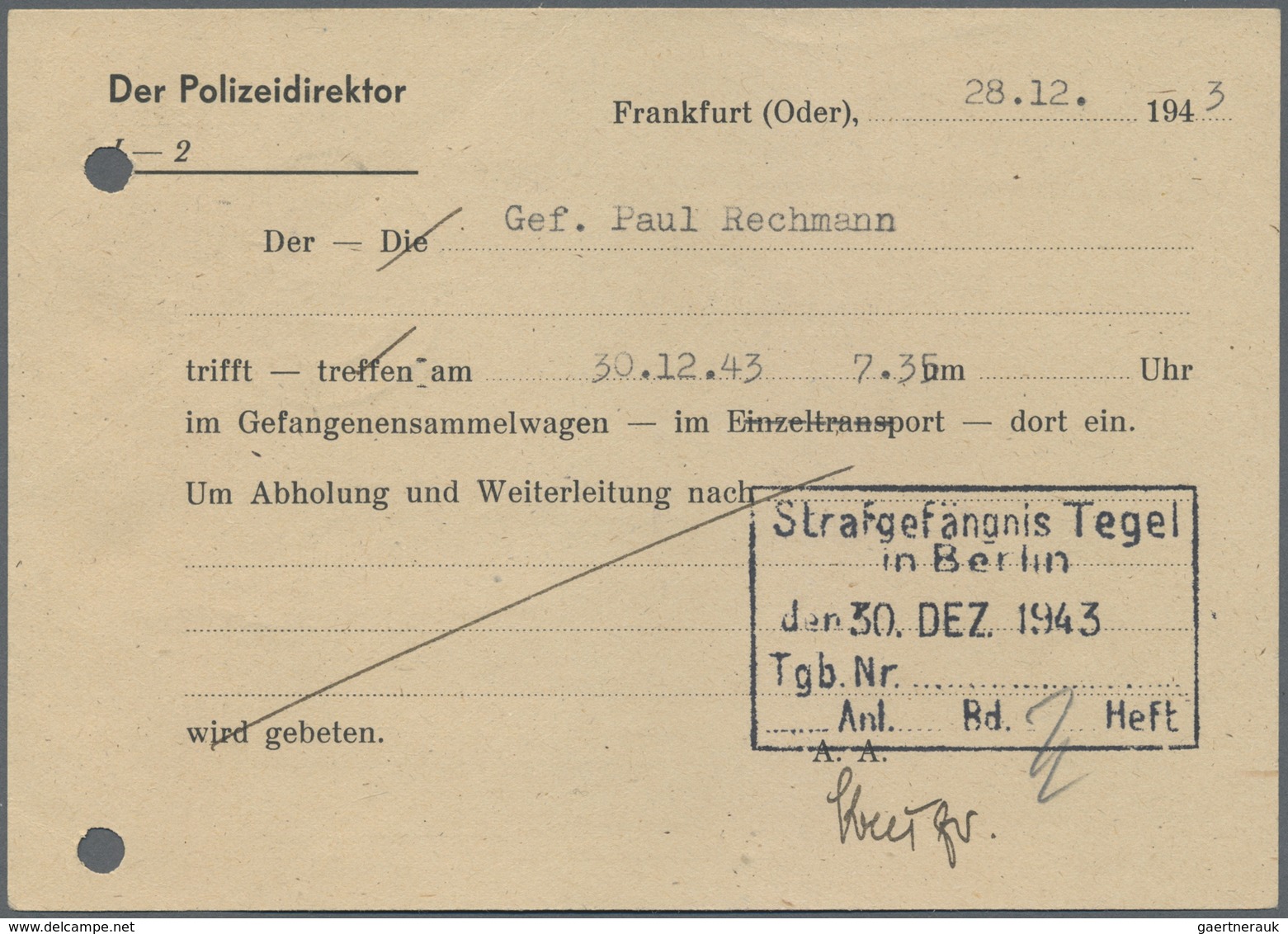 Br KZ-Post: "Konzentrationslager" 1943 (28.12.) Vordruck-Postkarte Für Einen Gefangenen Vom Strafgefäng - Lettres & Documents