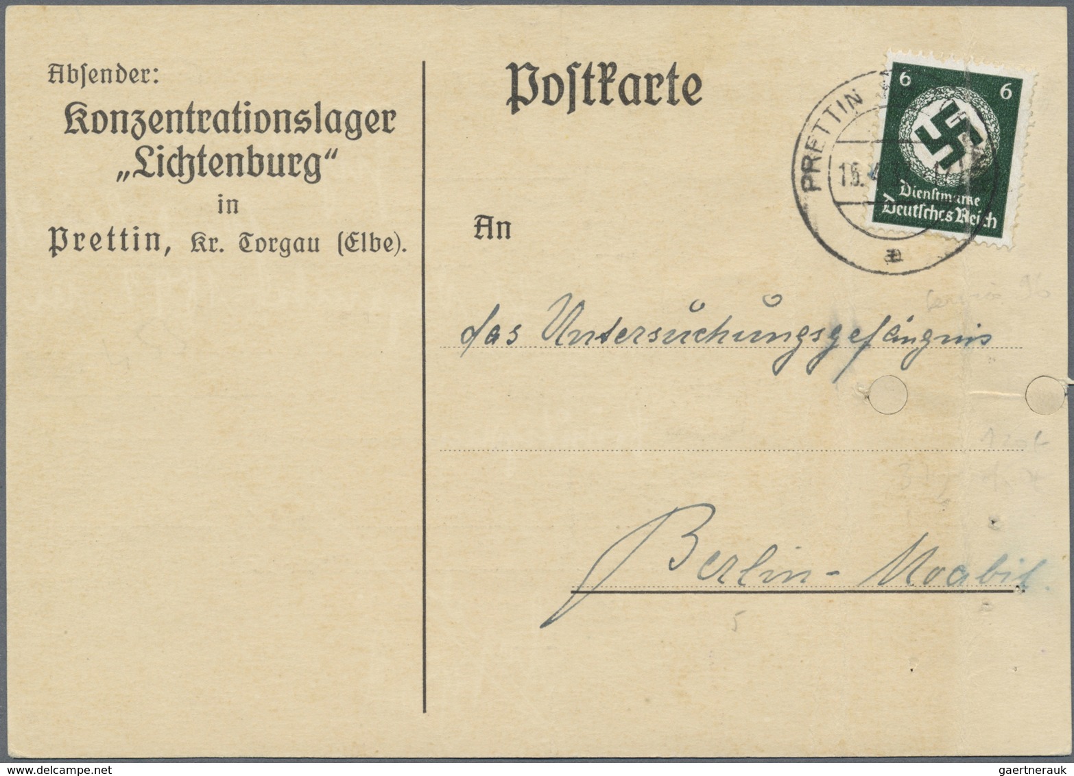 Br KZ-Post: 1937 KZ Lichtenburg: Vordruckkarte Der KZ-Kommandantur Mit Dienstmarke 6 Pf. Gest. "PRETTIN - Storia Postale